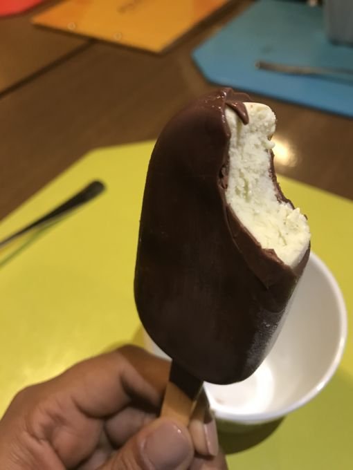 \[Picolé Artesanal: menta colhida na horta da família, coberto de chocolate Mendoá\]